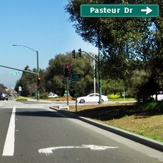 CLICK to go RIGHT on Pasteur Drive from Sandhill Road